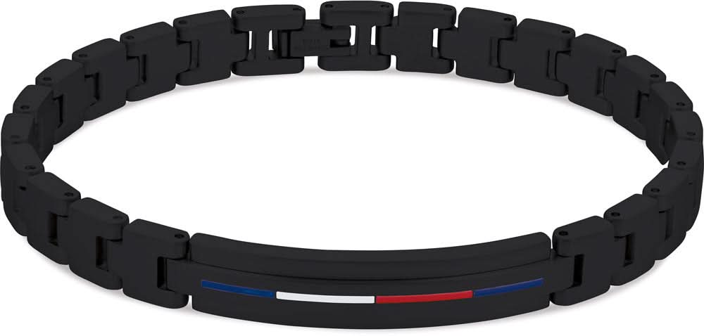 Pulsera de eslabones de acero inoxidable en negro con rayas de colores y logo de Tommy Hilfiger