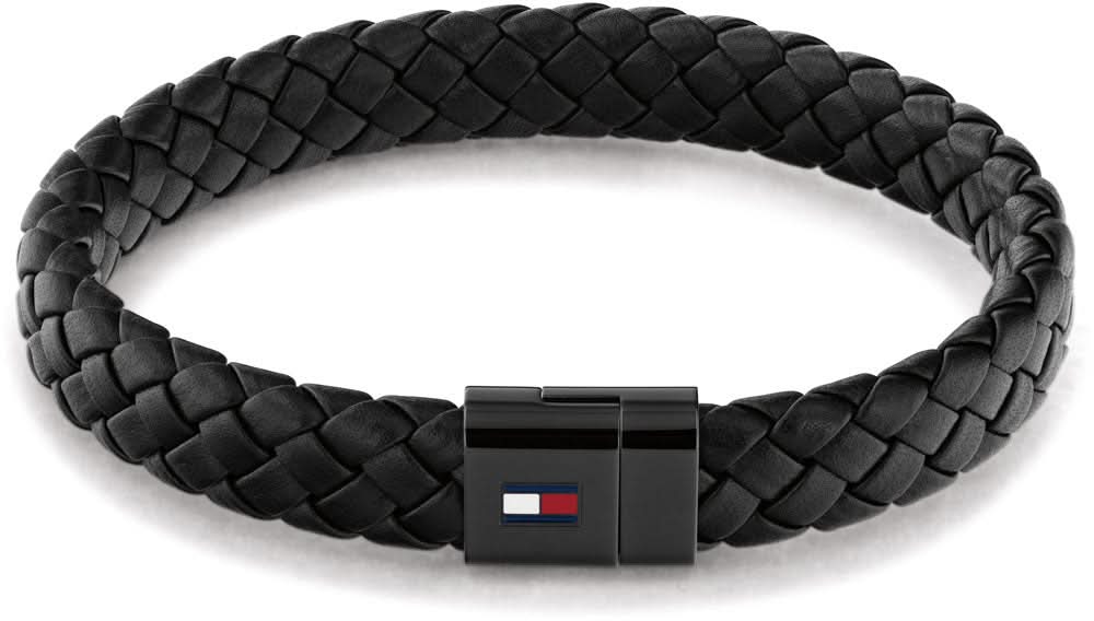 Pulsera de cuero trenzado negro con hebilla de logo Tommy Hilfiger