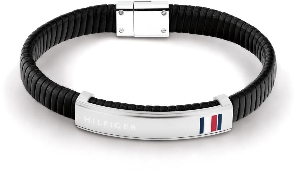 Pulsera de cuero negra con cierre plateado y grabado Tommy Hilfiger