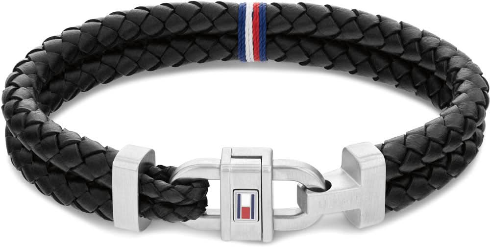 Pulsera de cuero Tommy Hilfiger, cuero negro trenzado, con cierre de metal y banda con logo