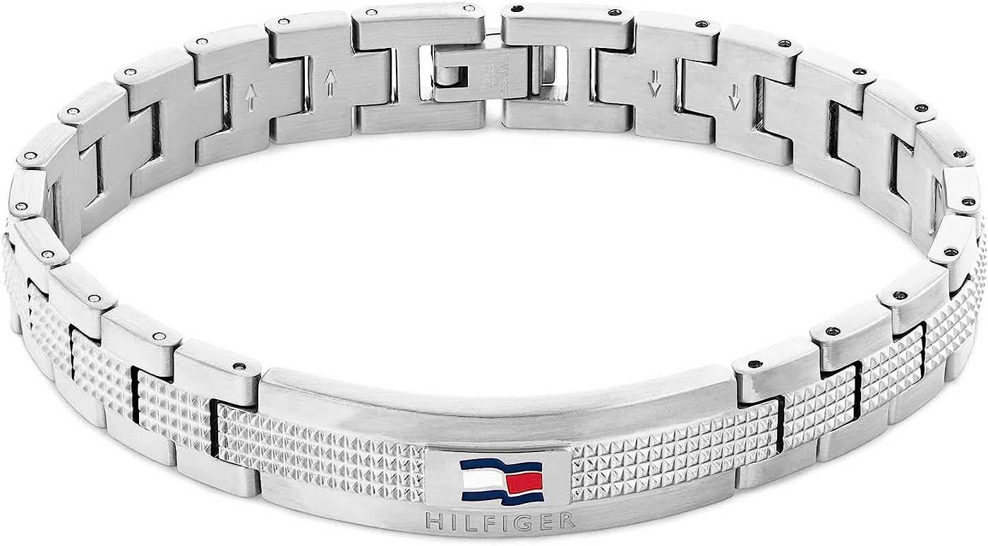 Pulsera de eslabones de acero inoxidable con grabado Tommy Hilfiger, eslabones plateados