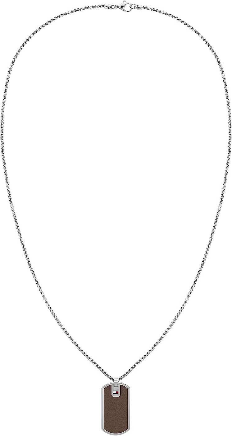 Collar de cadena veneciana Tommy Hilfiger con colgante de cuero, rectangular, oscuro, con ojal