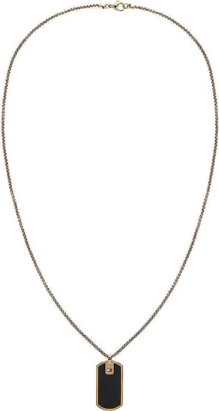 Cadena veneciana con colgante de cuero, rectangular, oscuro, con placa Tommy Hilfiger