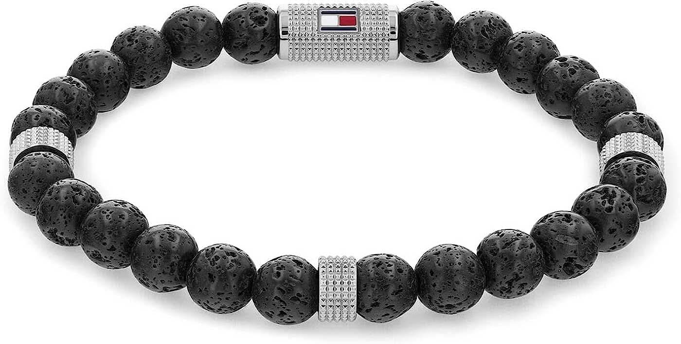 Pulsera de perlas de roca volcánica para hombre Tommy Hilfiger, perlas negras, pieza central plateada