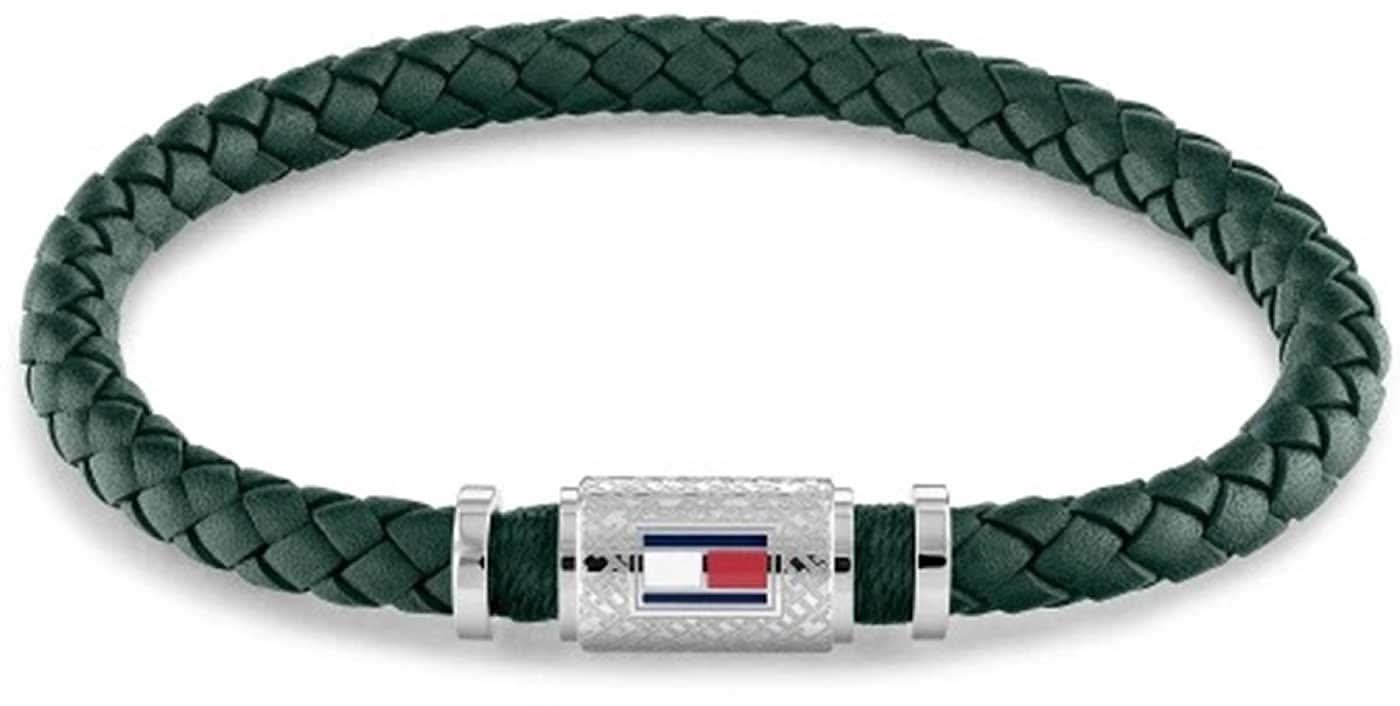Pulsera de cuero trenzado Tommy Hilfiger, banda verde con cierre central plateado
