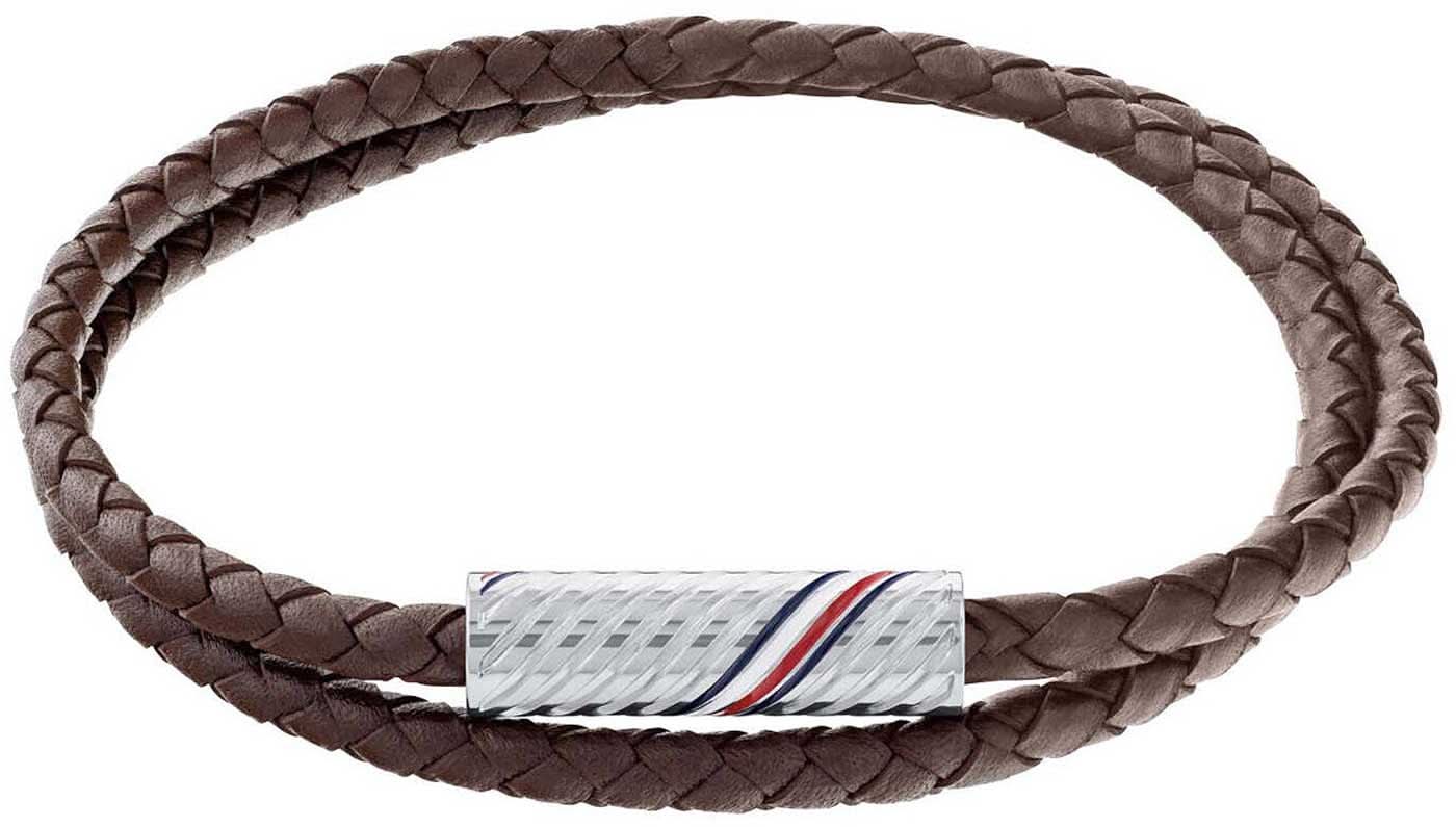 Pulsera de cuero trenzado Tommy Hilfiger en marrón oscuro con placa plateada