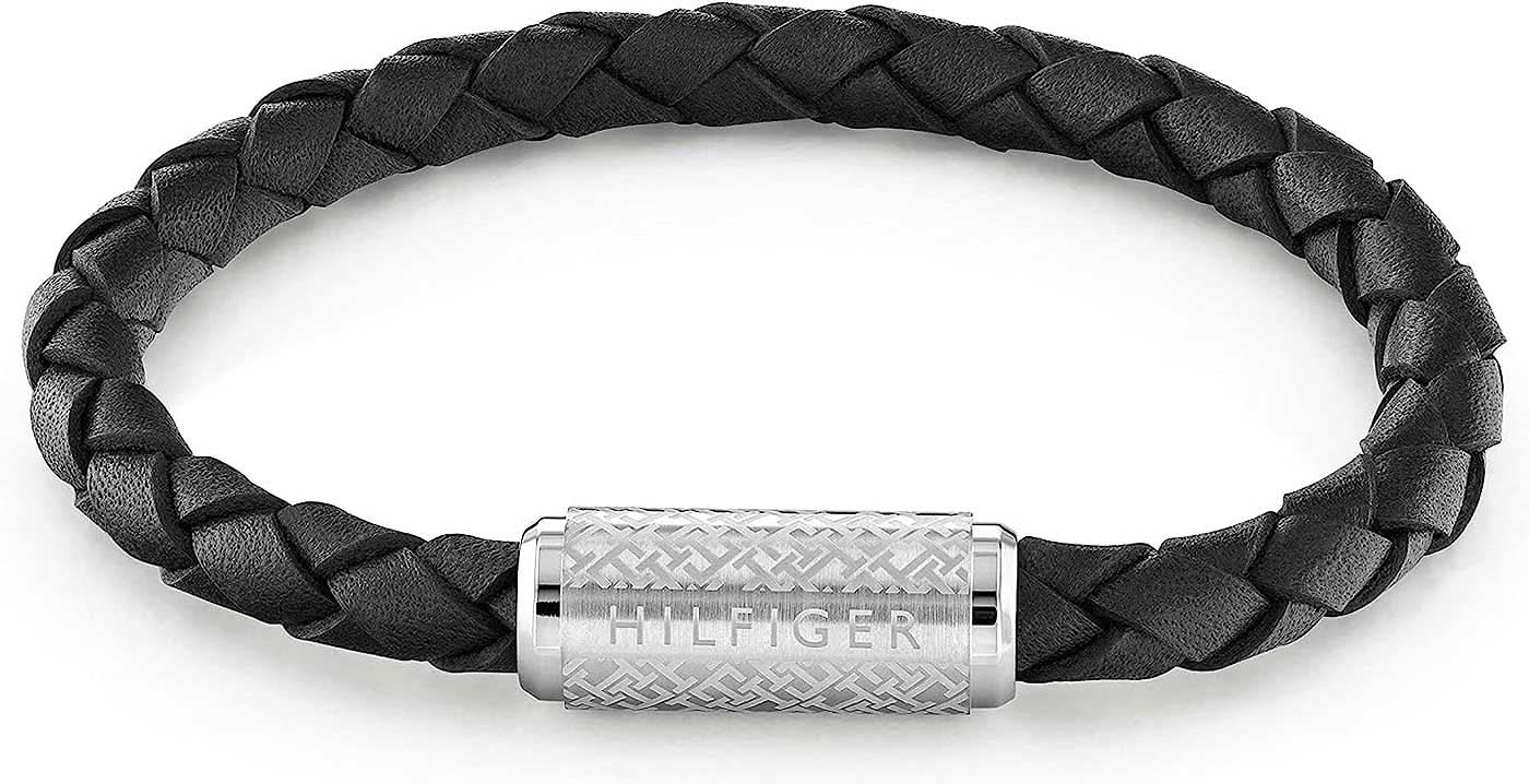 Pulsera de cuero trenzado negra, cierre plateado con relieve HILFIGER.