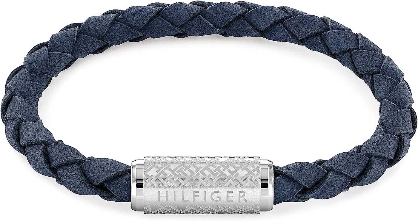 Pulsera de cuero trenzado, azul marino trenzado, cierre plateado con inscripción Hilfiger