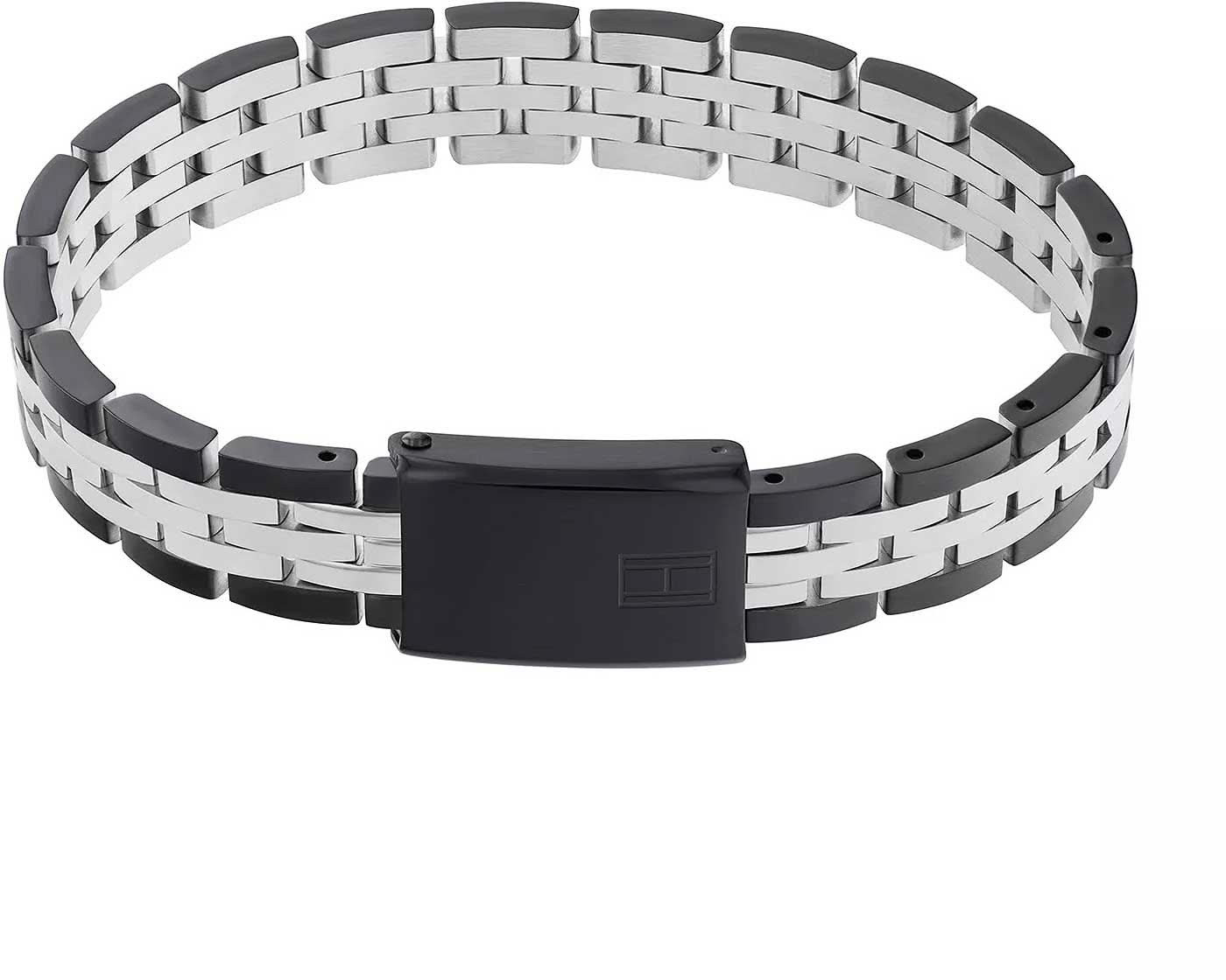 Pulsera de eslabones de acero inoxidable con eslabones plateados y cierre desplegable negro