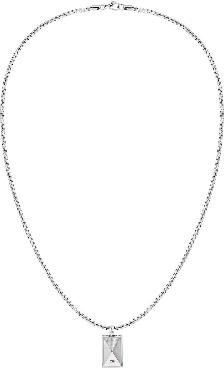 Collar plateado estilo veneciano con colgante dog tag rectangular con diseño