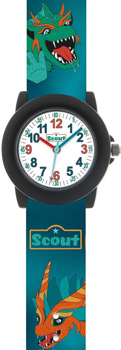 Reloj educativo infantil con esfera redonda y diseño de dragón colorido, correa negra