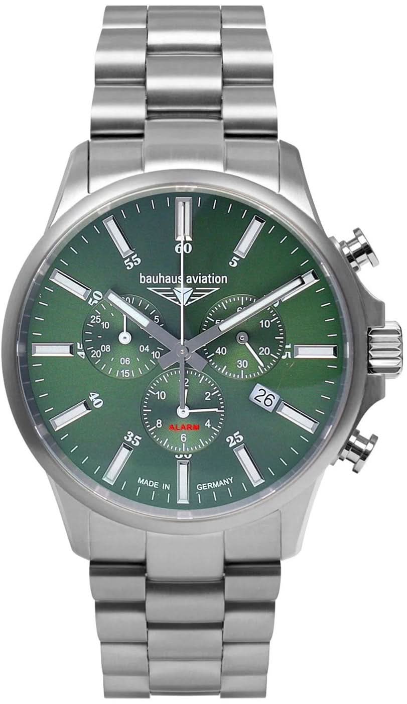 Pulsera de hombre con esfera verde, subesferas de cronógrafo y brazalete de metal