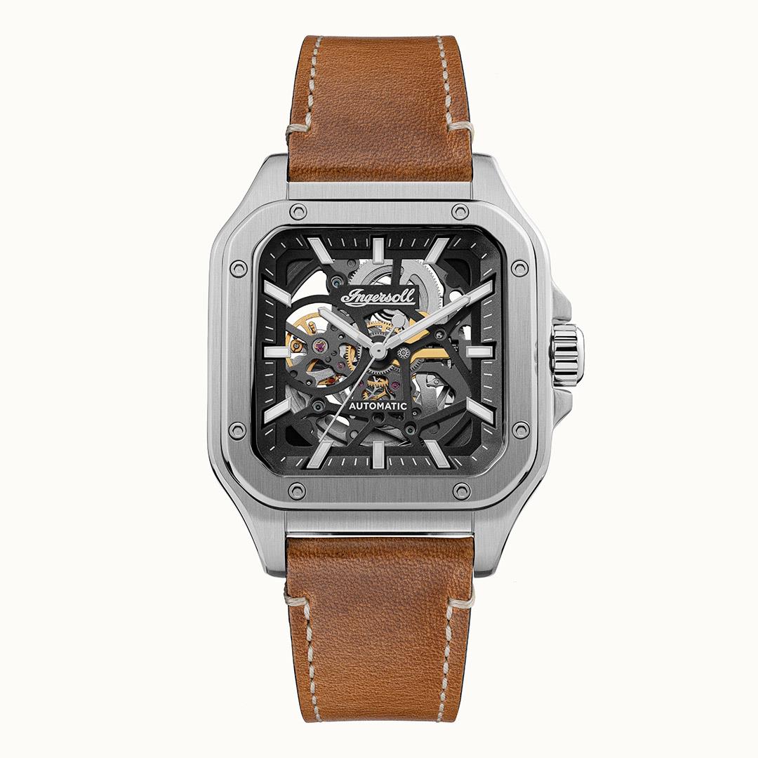 Herrenarmbanduhr Ingersoll Ollie mit braunem Lederarmband und schwarzem Skelettzifferblatt