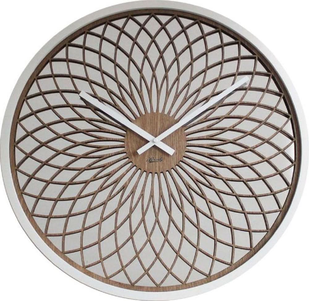 Reloj de pared Hermle con rejilla redonda de madera, líneas radiales, manecillas y borde claro