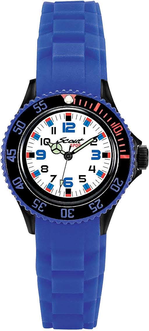 Reloj infantil Scout con correa de silicona azul y esfera redonda con marcadores de colores.