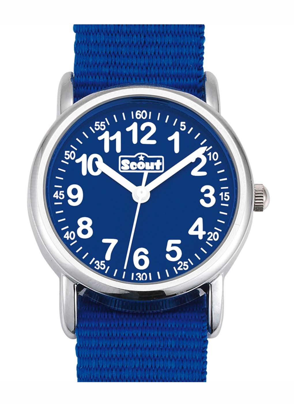 "Reloj infantil con esfera azul, caja plateada y correa textil azul"