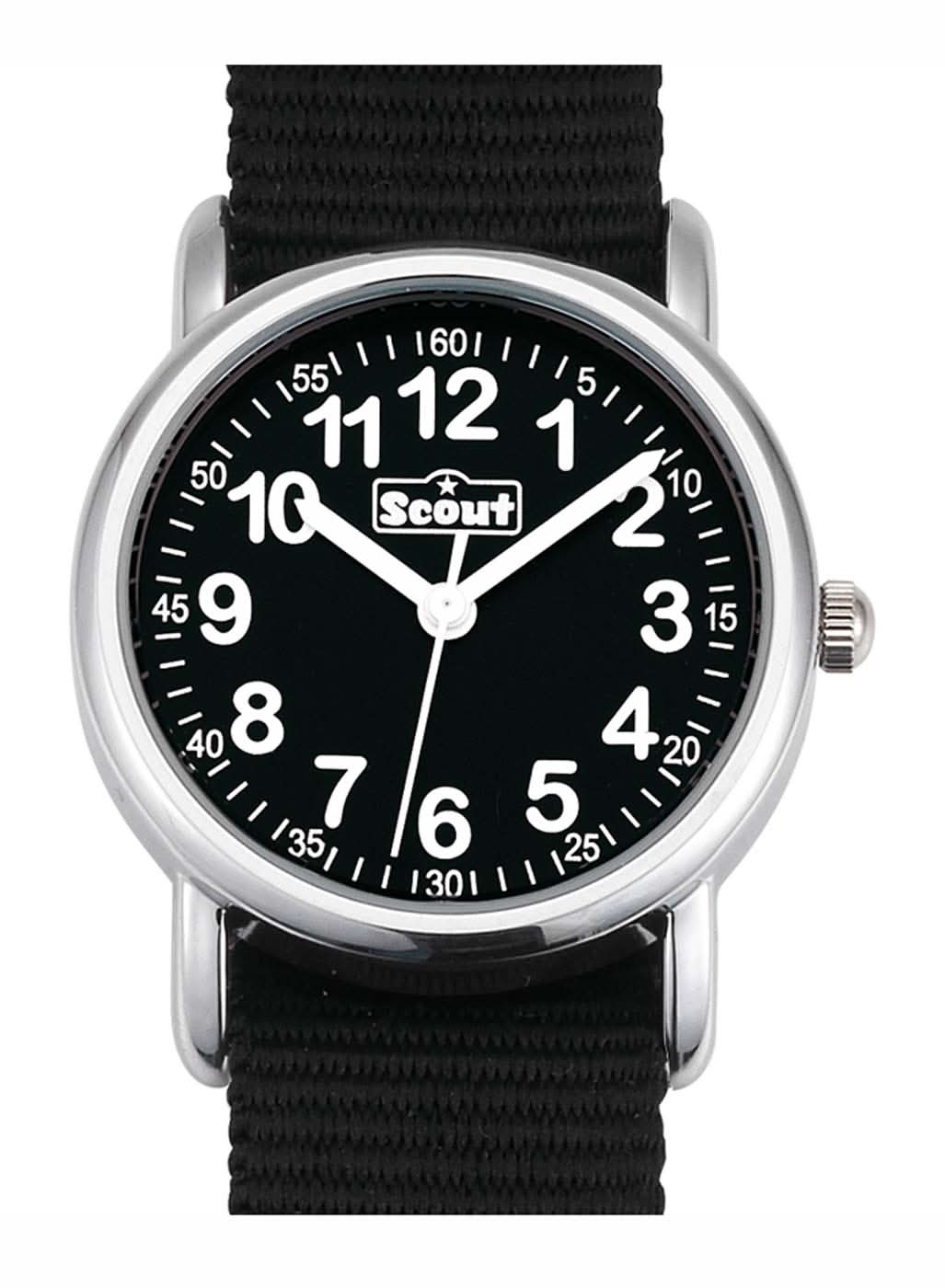 Reloj Scout para niño: esfera negra, números grandes, correa de tela negra