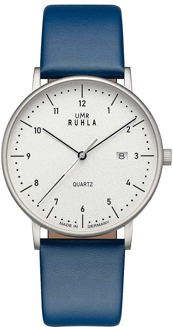 Reloj UMR Ruhla para hombre con correa de cuero azul, caja plateada y esfera blanca.