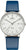 Reloj UMR Ruhla para hombre con correa de cuero azul, caja plateada y esfera blanca.