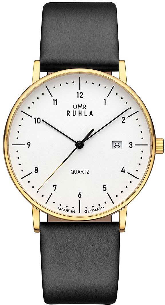 Reloj de hombre con correa de cuero negra, caja dorada y esfera blanca
