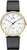 Reloj de hombre con correa de cuero negra, caja dorada y esfera blanca