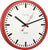 Reloj de pared con borde rojo, lateral marrón y esfera blanca, manecillas negras