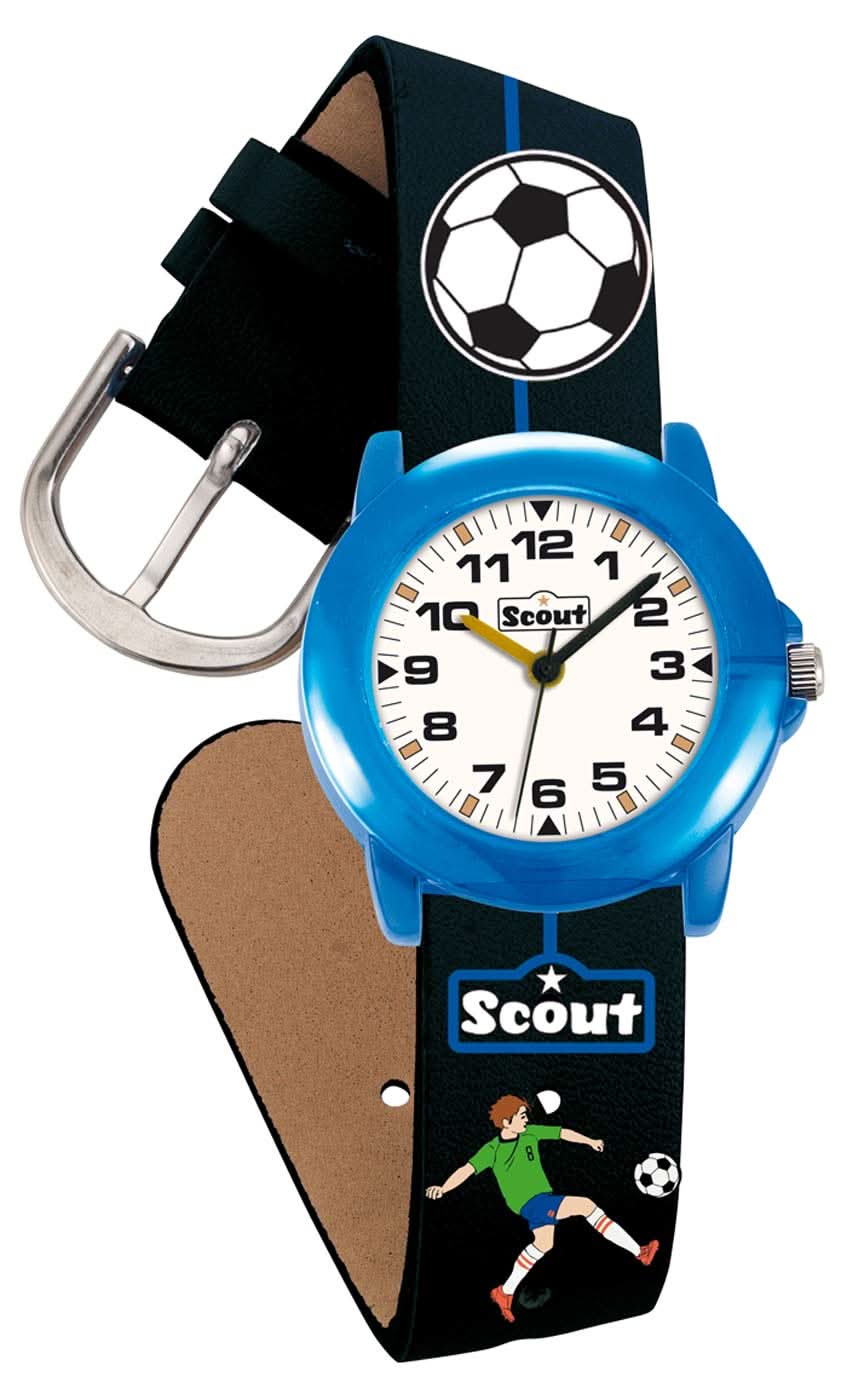 Reloj educativo de fútbol para niños con esfera azul y correa de cuero estampada, Scout