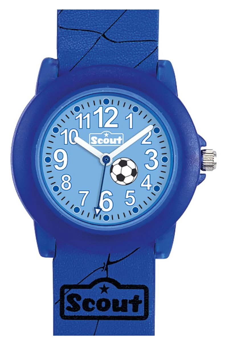 Reloj azul para niño con esfera de fútbol, números redondos de hora y correa de plástico resistente