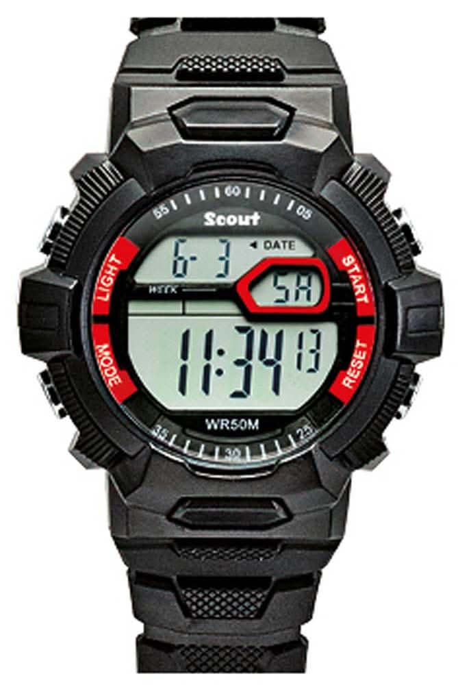Reloj infantil con caja negra y pantalla digital roja, visualización de hora