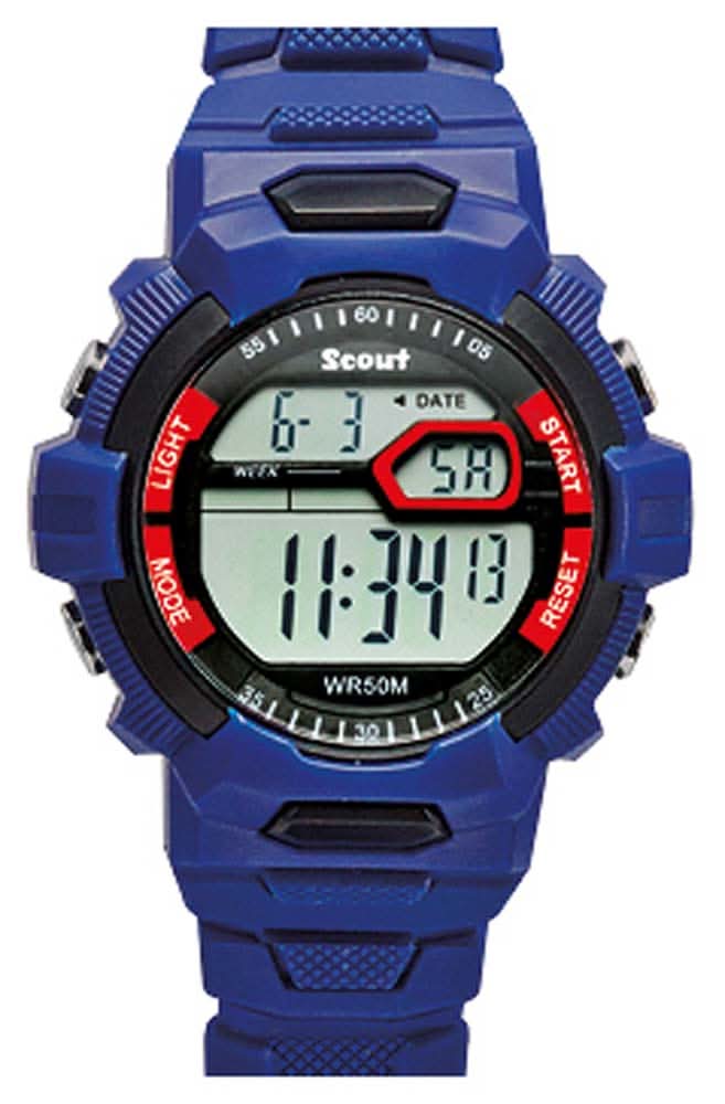 Reloj digital infantil Scout, pantalla redonda azul-gris con anillo de números LED rojo