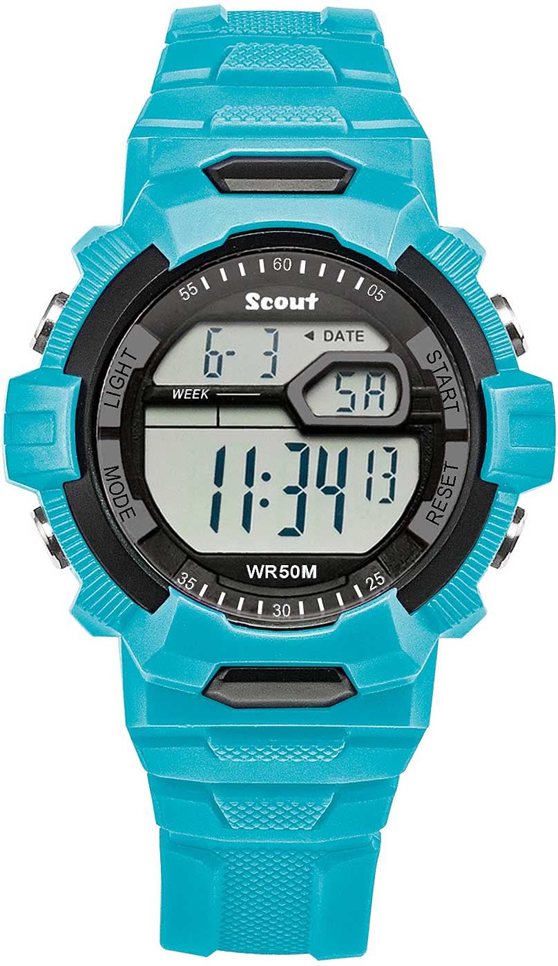 Reloj digital infantil con correa de plástico turquesa y bisel negro, pantalla visible
