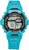 Reloj digital infantil con correa de plástico turquesa y bisel negro, pantalla visible