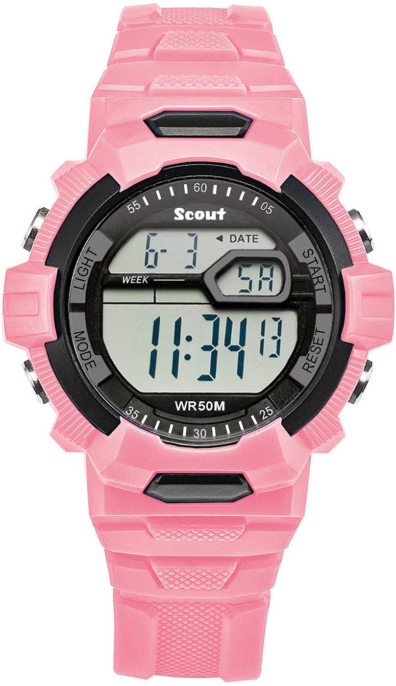 Reloj digital Scout para niña con correa rosa, pantalla redonda y fecha