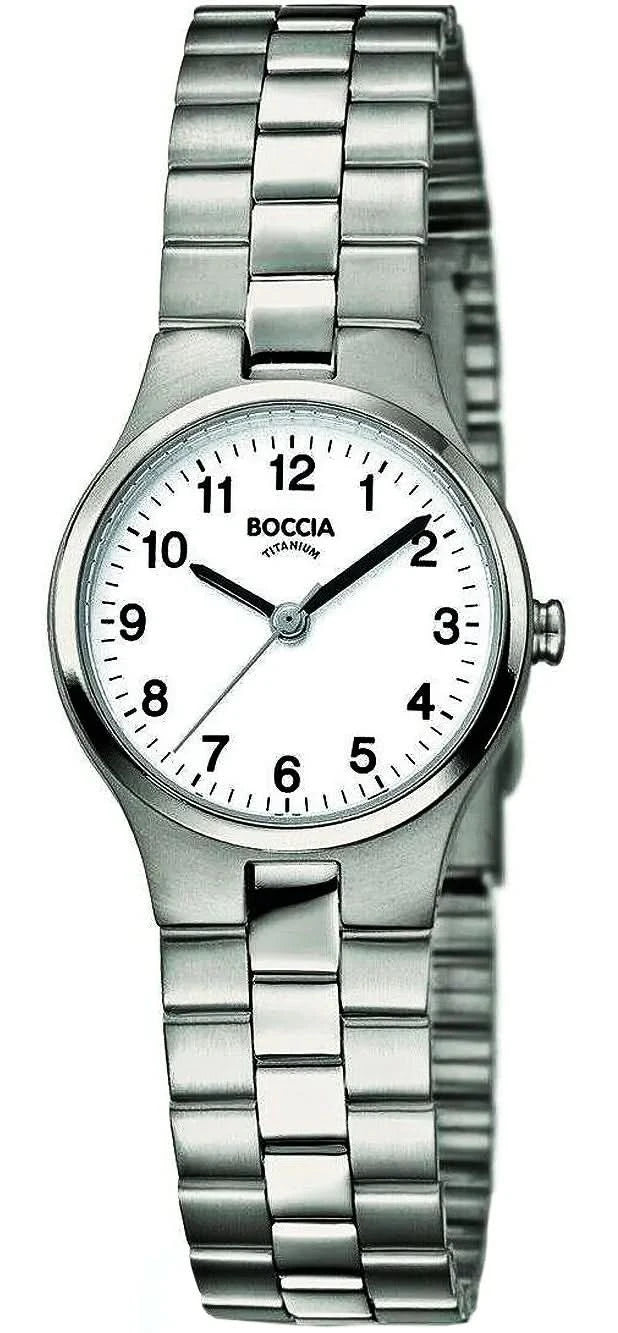 Reloj de mujer con pulsera de titanio puro, esfera redonda blanca y manecillas de Boccia