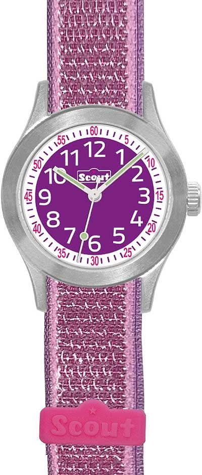Reloj Scout para niña con correa textil morada y esfera redonda, caja plateada