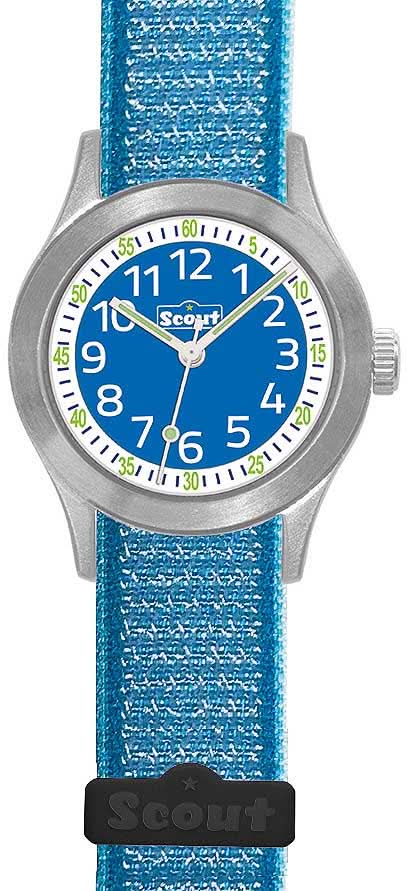 Reloj educativo Scout para niños con correa de tela azul, esfera redonda y manecillas