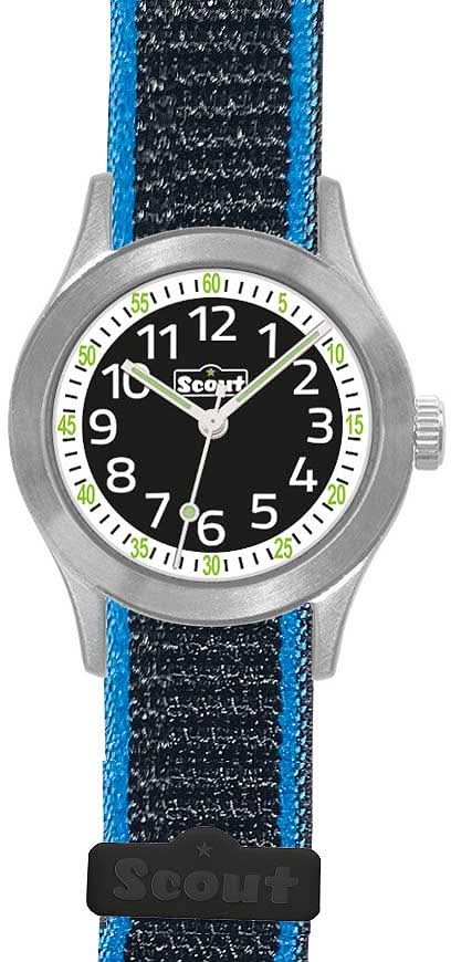 Reloj infantil con caja de acero inoxidable, esfera negra y correa textil azul con cierre de velcro