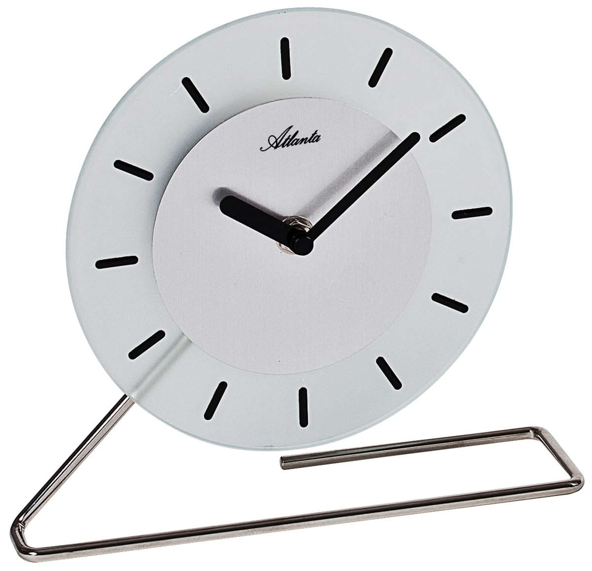 Reloj de mesa redondo con frontal de cristal, esfera negra y escritura Atlanta