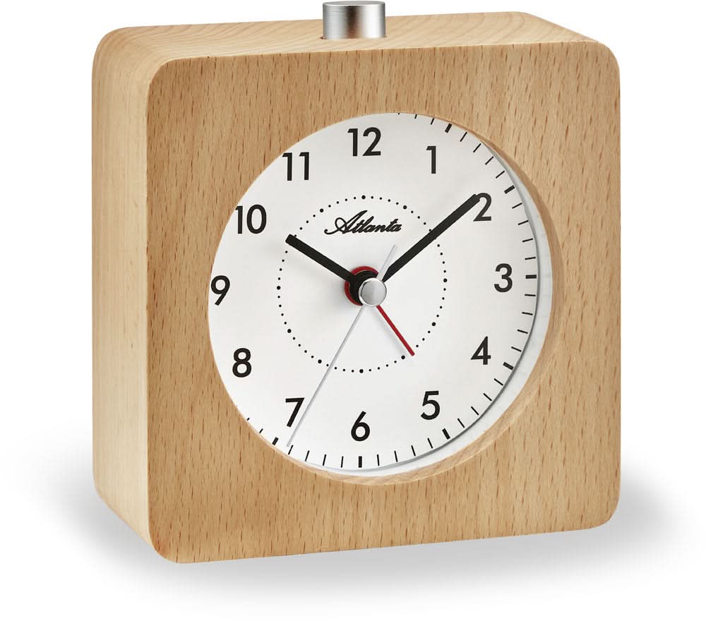 Reloj de mesa de madera con esfera redonda, manecillas plateadas y escritura Atlanta