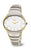 "Reloj de mujer con correa de titanio plateado y bisel dorado, esfera blanca"