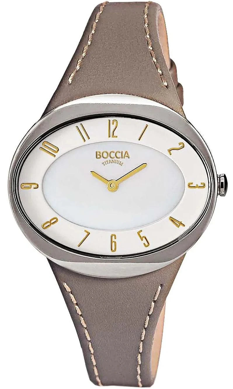 "Reloj de mujer con correa de cuero marrón y esfera redonda blanca de Boccia"