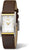 "Reloj de mujer con correa de cuero marrón y esfera rectangular, agujas doradas"