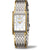 Reloj de mujer bicolor con esfera rectangular, dial blanco y detalles dorados, correa de metal