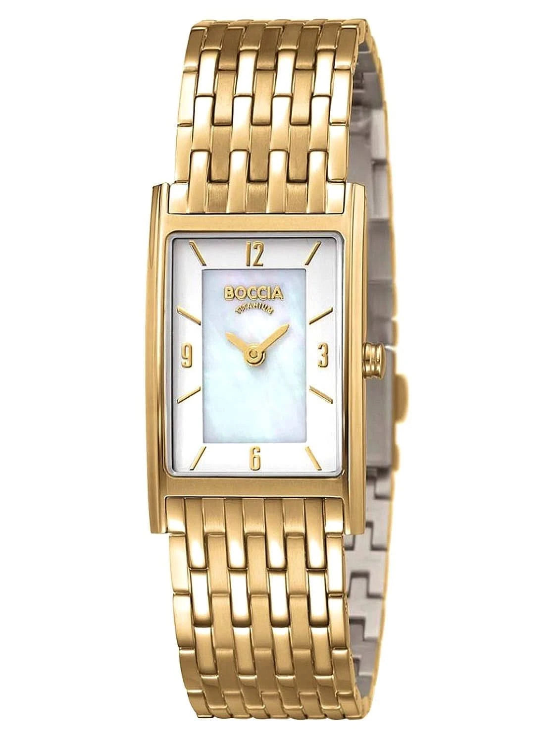 Reloj Boccia para mujer con correa de metal dorada y esfera rectangular, analógico con índices
