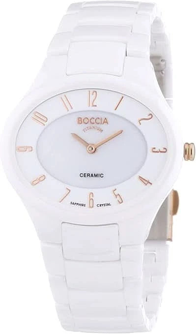 Pulsera de mujer con correa de cerámica blanca y esfera blanca, manecillas doradas