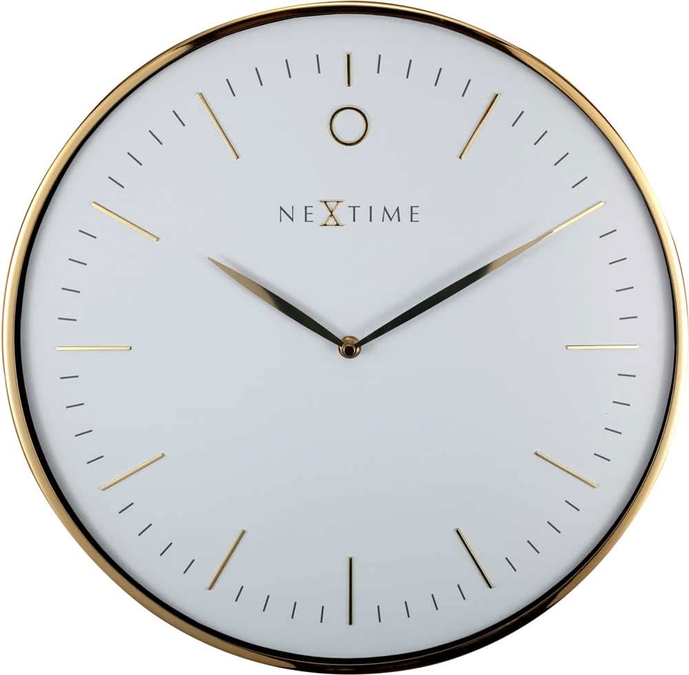 "Reloj de pared con marco metálico dorado, esfera blanca y manecillas doradas"