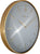 "Reloj de pared con marco ovalado de metal dorado, esfera blanca y manecillas doradas"