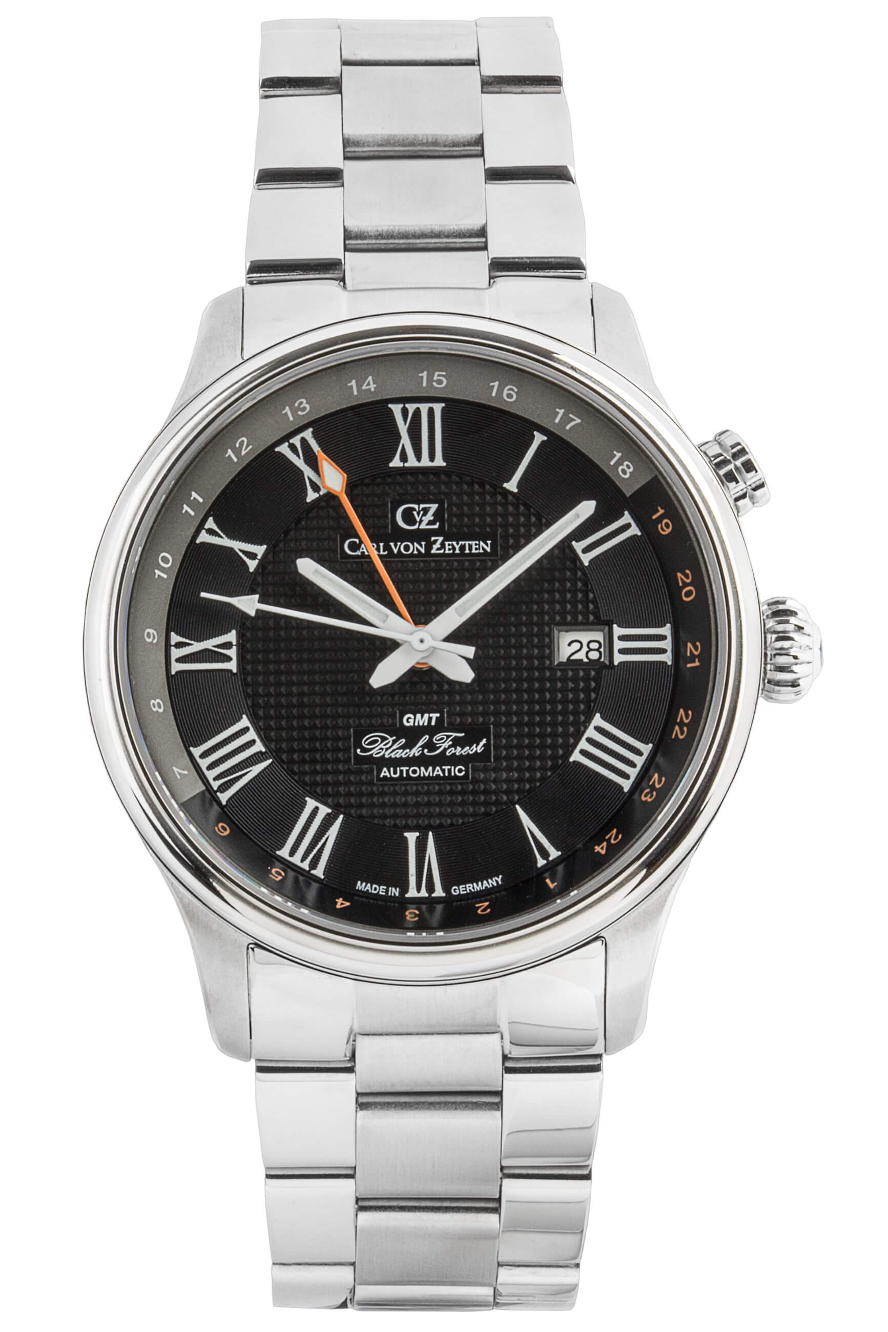 Carl von Zeyten Herrenuhr mit silberfarbenem Metallarmband und schwarzem Zifferblatt, Datum