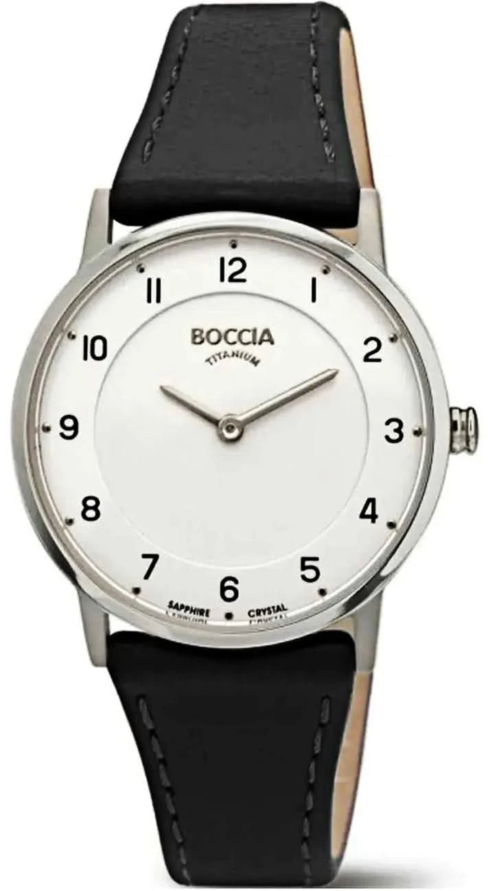 "Reloj de mujer con caja plateada, esfera blanca y correa de piel negra, Boccia"