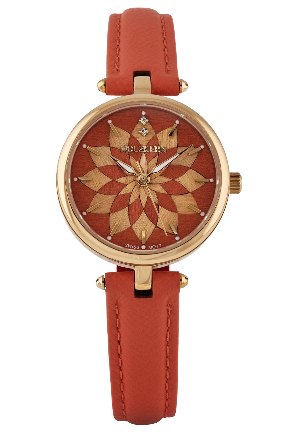 Holzkern Mirrormaze Damen Armbanduhr Goldfarben • Saphirglas • Holzmarketerie Tulpenbaum